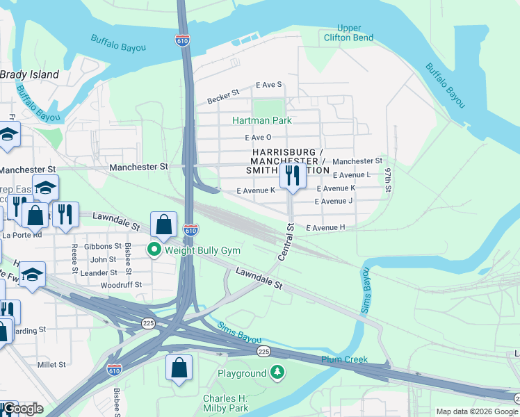 map of restaurants, bars, coffee shops, grocery stores, and more near 9305 East Avenue J in Houston