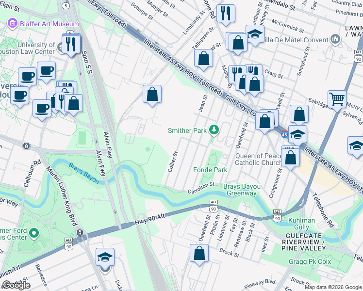 map of restaurants, bars, coffee shops, grocery stores, and more near 2206 Collier Street in Houston