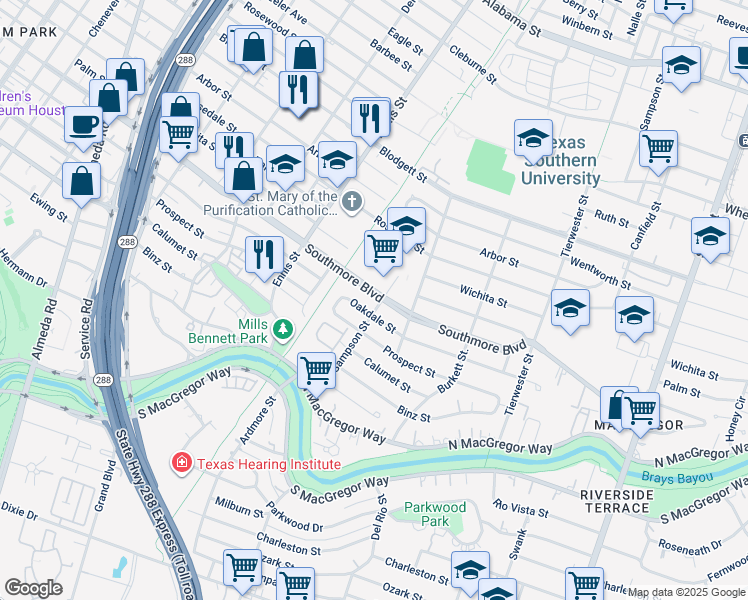 map of restaurants, bars, coffee shops, grocery stores, and more near 3149 Southmore Boulevard in Houston