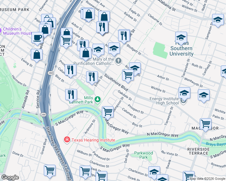 map of restaurants, bars, coffee shops, grocery stores, and more near 3131 Oakdale Street in Houston