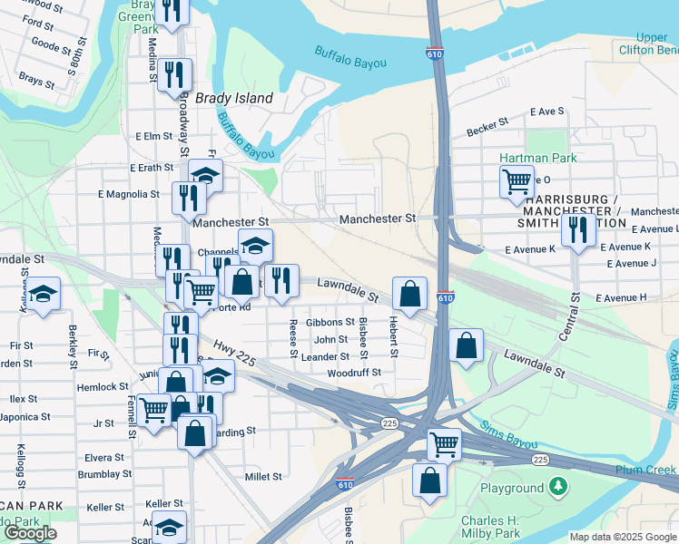 map of restaurants, bars, coffee shops, grocery stores, and more near in Houston