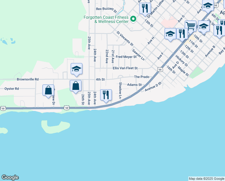 map of restaurants, bars, coffee shops, grocery stores, and more near 137 Bay Colony Way in Apalachicola