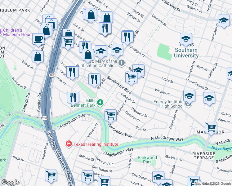 map of restaurants, bars, coffee shops, grocery stores, and more near 3131 Oakdale Street in Houston