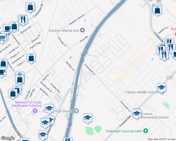 map of restaurants, bars, coffee shops, grocery stores, and more near 1710 North Interstate 35 Frontage Road in New Braunfels