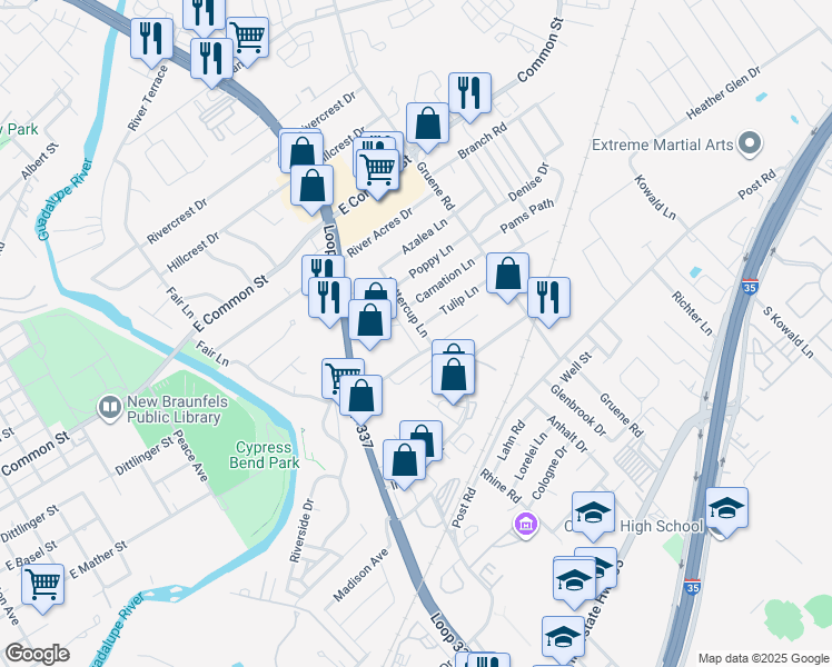 map of restaurants, bars, coffee shops, grocery stores, and more near 417 Buttercup Lane in New Braunfels