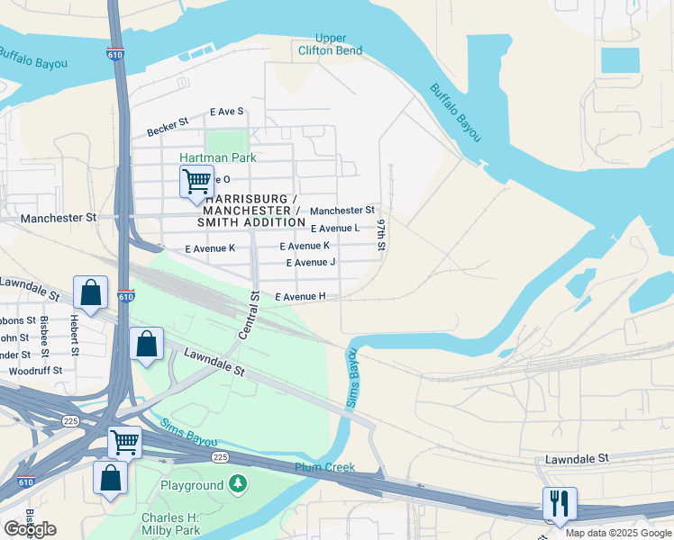 map of restaurants, bars, coffee shops, grocery stores, and more near 9544 East Avenue J in Houston