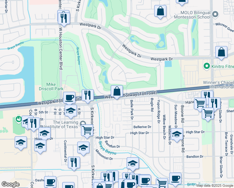 map of restaurants, bars, coffee shops, grocery stores, and more near 11722 Montmarte Boulevard in Houston