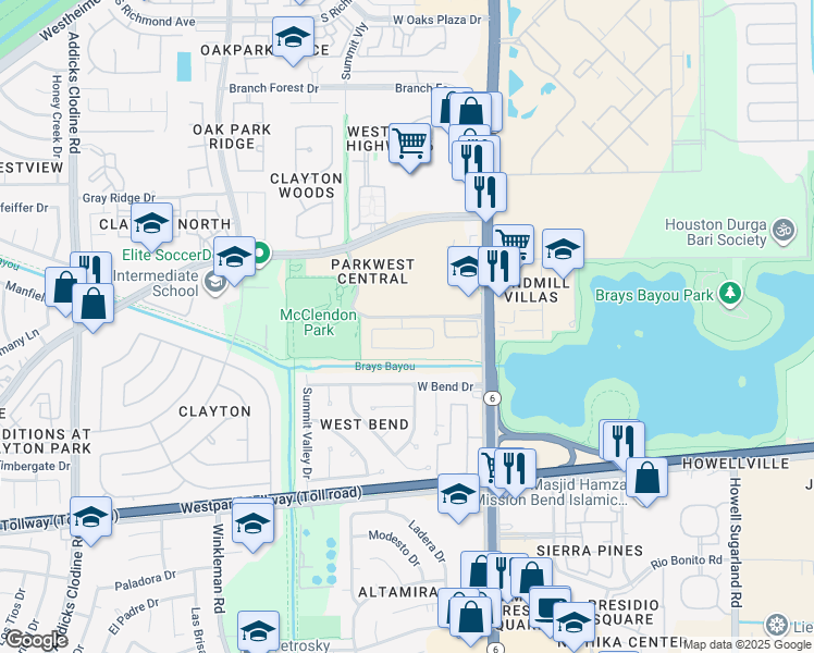 map of restaurants, bars, coffee shops, grocery stores, and more near 148 Park West Central Drive in Houston