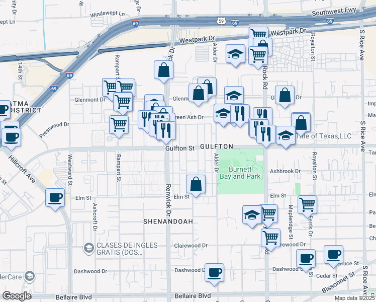 map of restaurants, bars, coffee shops, grocery stores, and more near in Houston