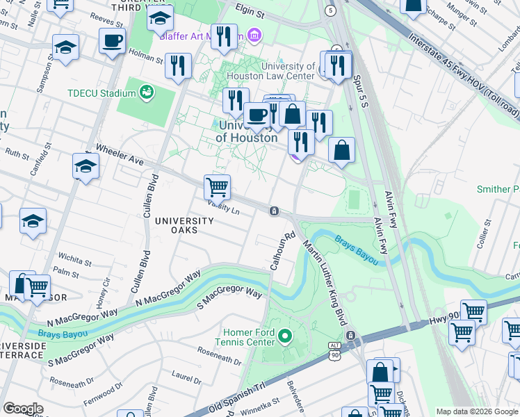 map of restaurants, bars, coffee shops, grocery stores, and more near in Houston