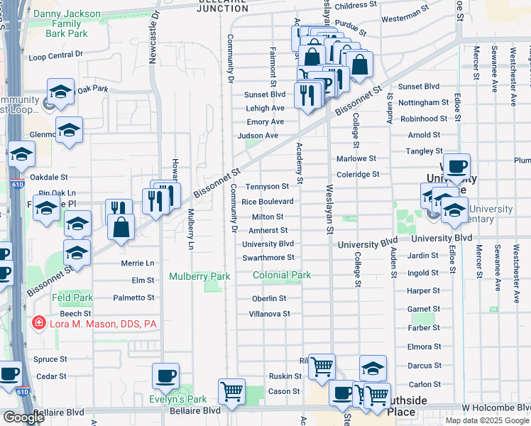 map of restaurants, bars, coffee shops, grocery stores, and more near 4145 Rice Boulevard in Houston