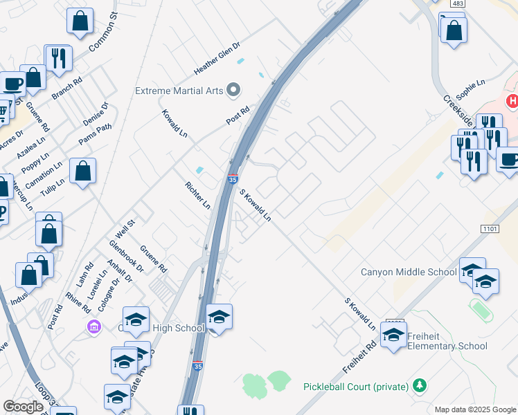 map of restaurants, bars, coffee shops, grocery stores, and more near 1710 North Interstate 35 Frontage Road in New Braunfels