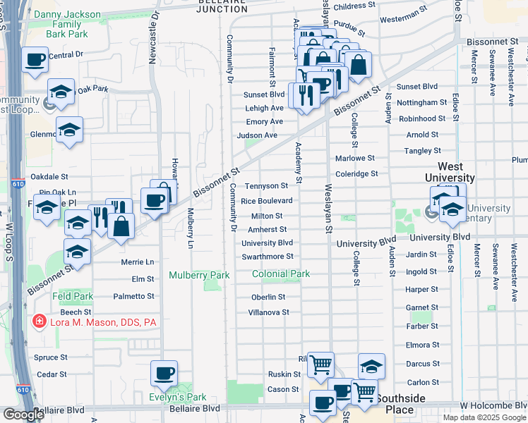 map of restaurants, bars, coffee shops, grocery stores, and more near 4145 Rice Boulevard in Houston