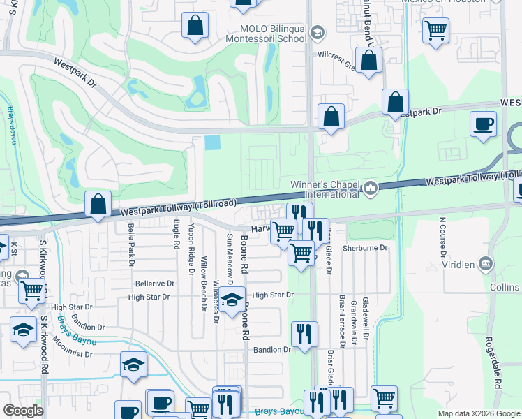 map of restaurants, bars, coffee shops, grocery stores, and more near 11490 Harwin Drive in Houston