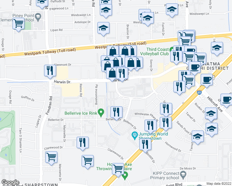 map of restaurants, bars, coffee shops, grocery stores, and more near 7260 Regency Square Court in Houston