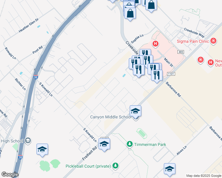 map of restaurants, bars, coffee shops, grocery stores, and more near 2061 Brandywine Drive in New Braunfels