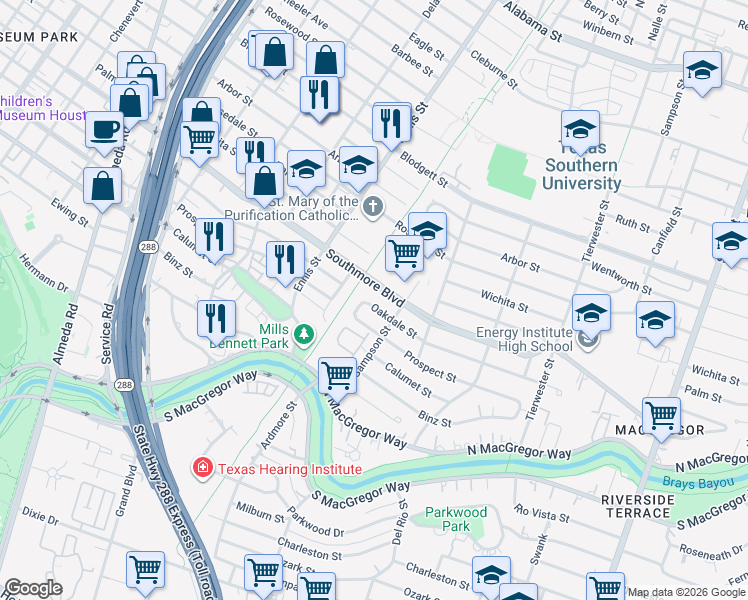 map of restaurants, bars, coffee shops, grocery stores, and more near 3131 Oakdale Street in Houston