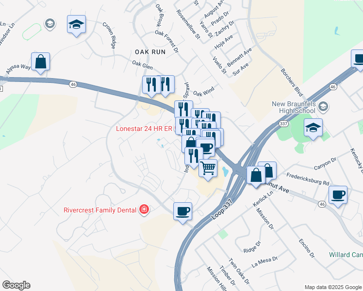 map of restaurants, bars, coffee shops, grocery stores, and more near 1864 Independence Drive in New Braunfels