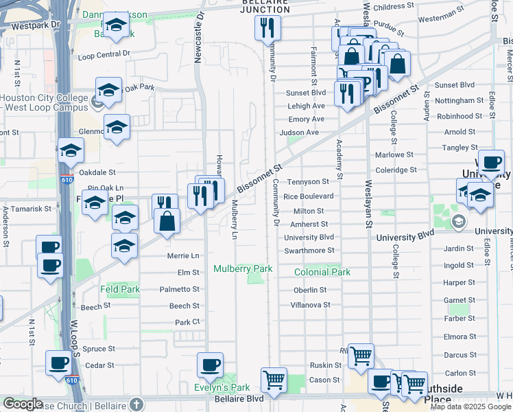 map of restaurants, bars, coffee shops, grocery stores, and more near 4301 Bissonnet Street in Bellaire