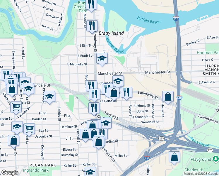map of restaurants, bars, coffee shops, grocery stores, and more near 1001 Frio Street in Houston