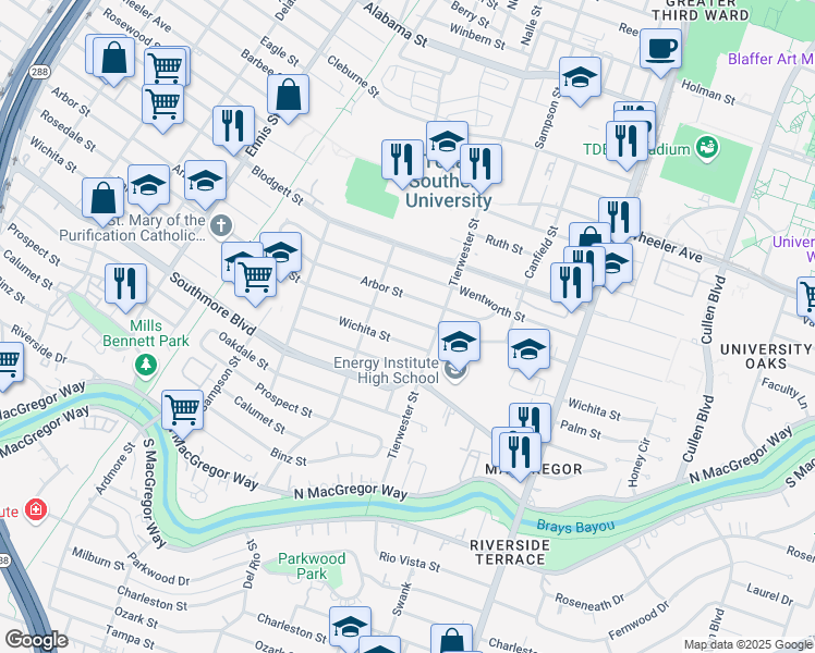 map of restaurants, bars, coffee shops, grocery stores, and more near 3426 Rosedale Street in Houston