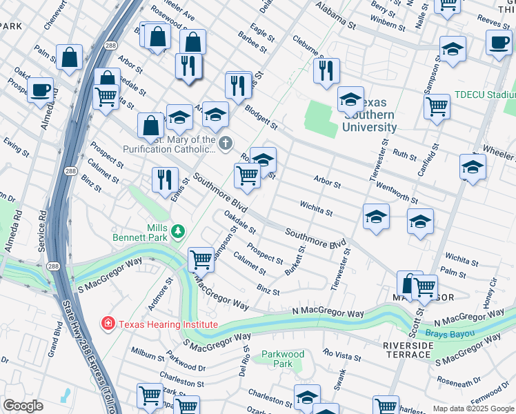 map of restaurants, bars, coffee shops, grocery stores, and more near 5123 Sauer Street in Houston