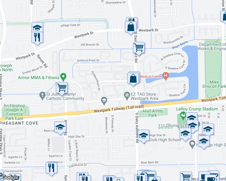 map of restaurants, bars, coffee shops, grocery stores, and more near 19 Medfield Drive in Houston