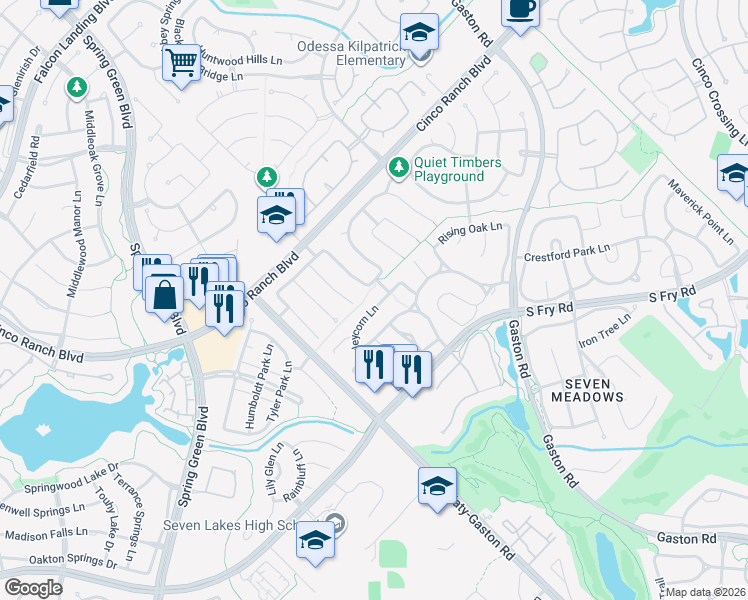 map of restaurants, bars, coffee shops, grocery stores, and more near 5318 Barleycorn Lane in Katy