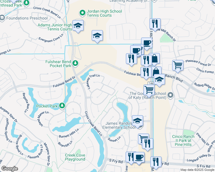 map of restaurants, bars, coffee shops, grocery stores, and more near 27510 Llano Meadows Lane in Fulshear