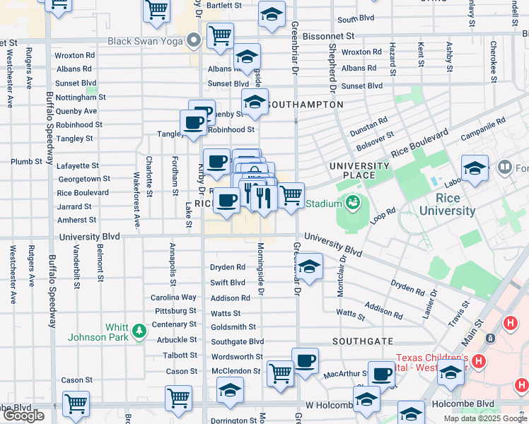 map of restaurants, bars, coffee shops, grocery stores, and more near 5505 Morningside Drive in Houston