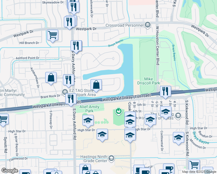map of restaurants, bars, coffee shops, grocery stores, and more near 12319 Shadow Green Drive in Houston