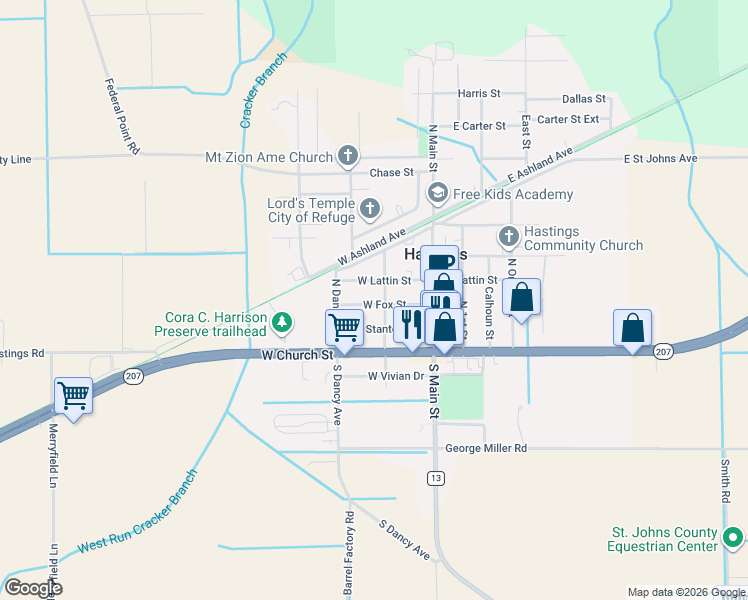 map of restaurants, bars, coffee shops, grocery stores, and more near 214 West Fox Street in Hastings