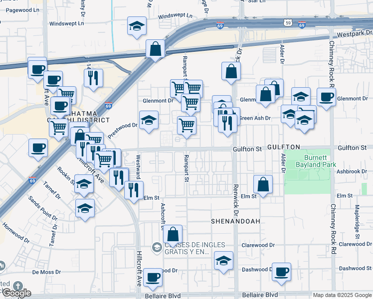 map of restaurants, bars, coffee shops, grocery stores, and more near Gulfton Dr & Rampart St in Houston