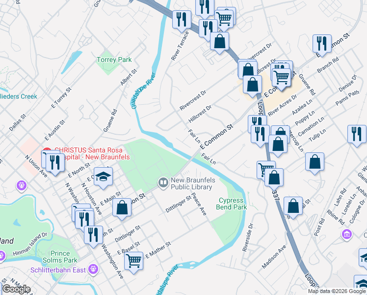 map of restaurants, bars, coffee shops, grocery stores, and more near 617 Crest Lane in New Braunfels