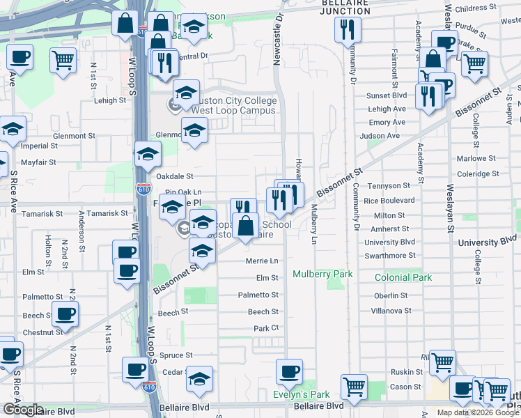 map of restaurants, bars, coffee shops, grocery stores, and more near 4500 Bissonnet Street in Bellaire