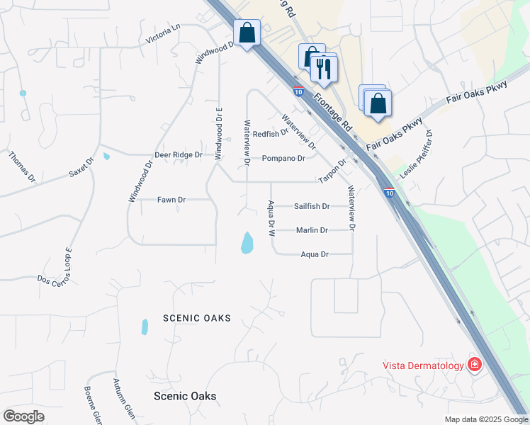 map of restaurants, bars, coffee shops, grocery stores, and more near 9449 Aqua Drive in Boerne
