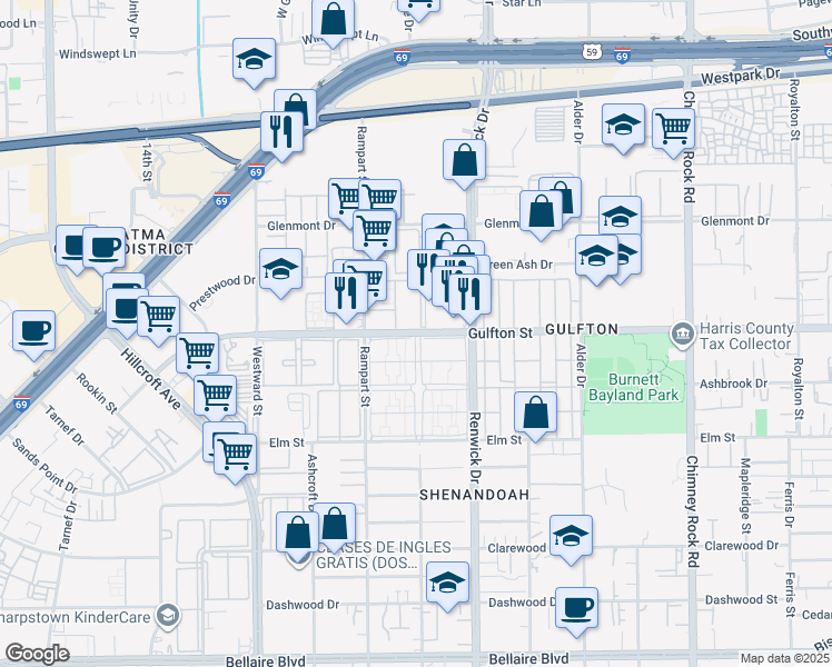 map of restaurants, bars, coffee shops, grocery stores, and more near 6000 Gulfton Street in Houston