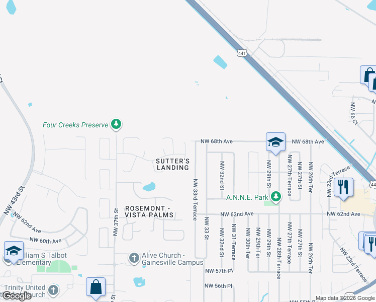 map of restaurants, bars, coffee shops, grocery stores, and more near 6715 Northwest 34th Terrace in Gainesville