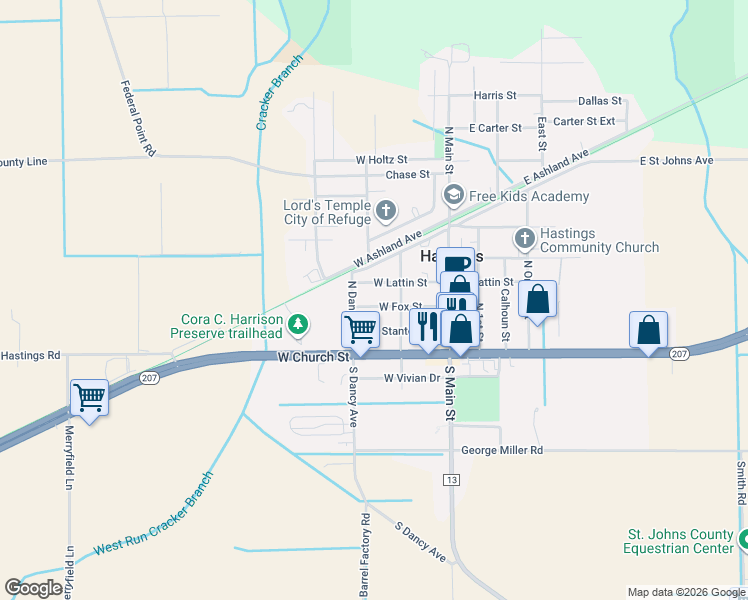 map of restaurants, bars, coffee shops, grocery stores, and more near 214 West Fox Street in Hastings