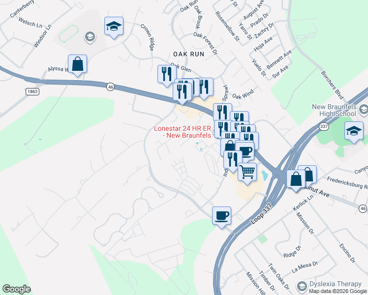 map of restaurants, bars, coffee shops, grocery stores, and more near 2789 Morning Moon in New Braunfels