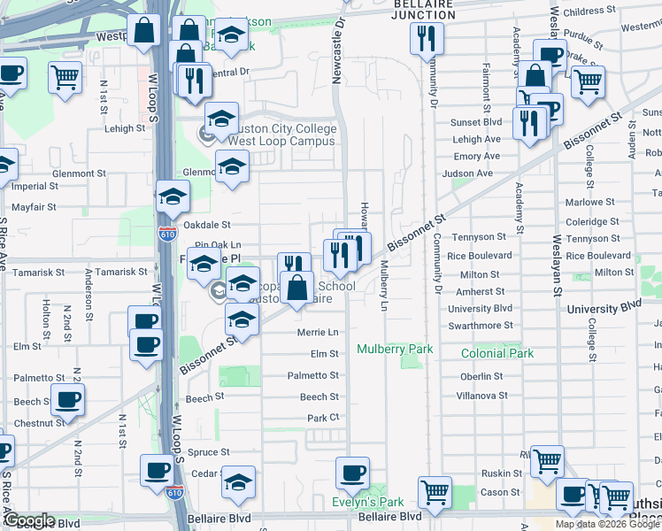 map of restaurants, bars, coffee shops, grocery stores, and more near 4500 Bissonnet Street in Bellaire