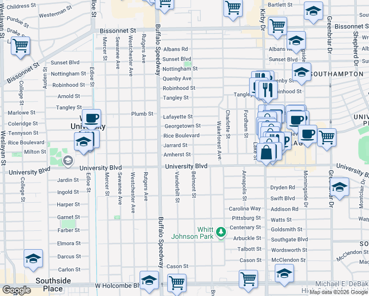 map of restaurants, bars, coffee shops, grocery stores, and more near 3017 Jarrard Street in Houston