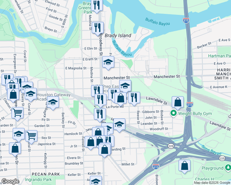 map of restaurants, bars, coffee shops, grocery stores, and more near 8225 Lawndale Street in Houston