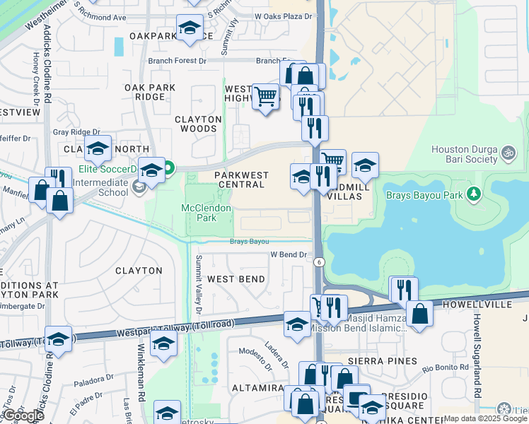map of restaurants, bars, coffee shops, grocery stores, and more near 148 Park West Central Drive in Houston