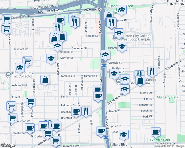 map of restaurants, bars, coffee shops, grocery stores, and more near in Bellaire