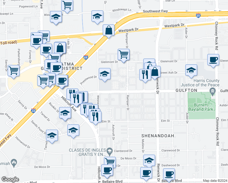 map of restaurants, bars, coffee shops, grocery stores, and more near 6233 Gulfton Street in Houston