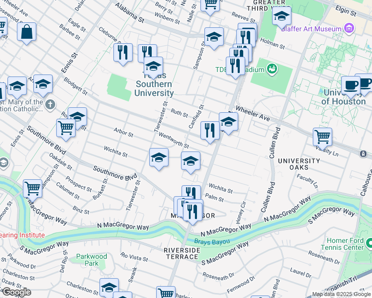map of restaurants, bars, coffee shops, grocery stores, and more near 3602 Wentworth Street in Houston