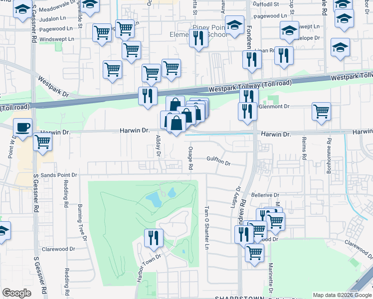 map of restaurants, bars, coffee shops, grocery stores, and more near 5814 Osage Road in Houston