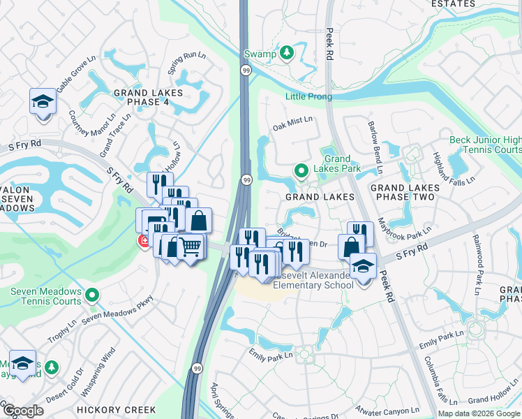 map of restaurants, bars, coffee shops, grocery stores, and more near 22615 Shallow Spring Court in Katy