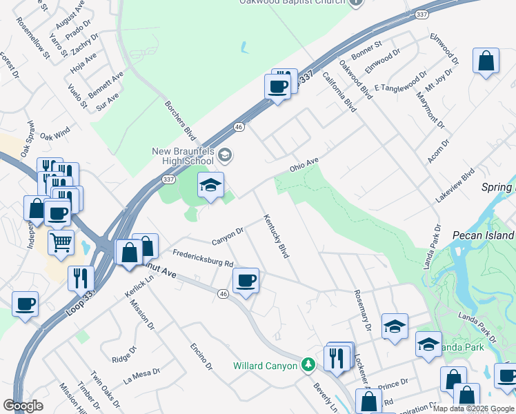 map of restaurants, bars, coffee shops, grocery stores, and more near 297 Kentucky Boulevard in New Braunfels